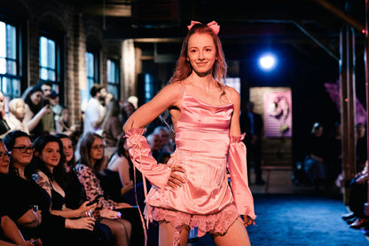 x Corset-Back Mini Dress with Vintage Lace Pink