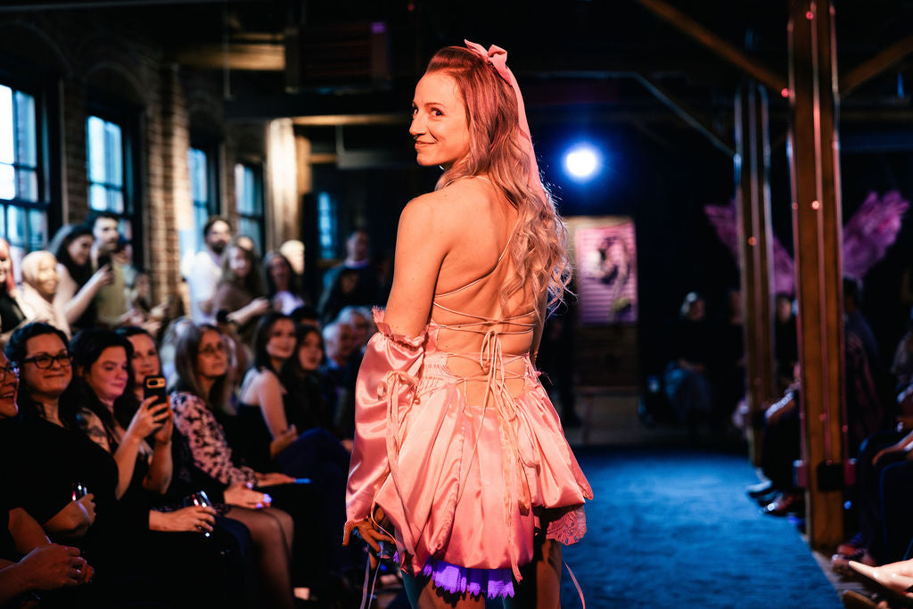 x Corset-Back Mini Dress with Vintage Lace Pink