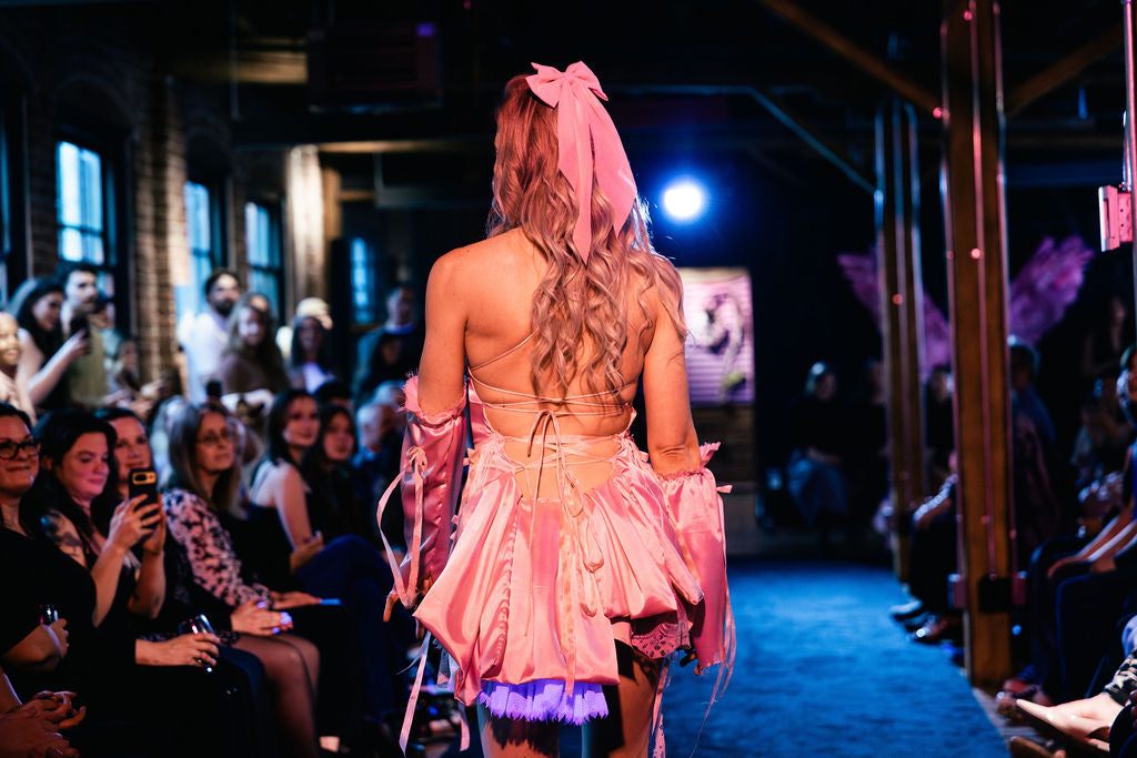 x Corset-Back Mini Dress with Vintage Lace Pink