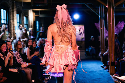 x Corset-Back Mini Dress with Vintage Lace Pink