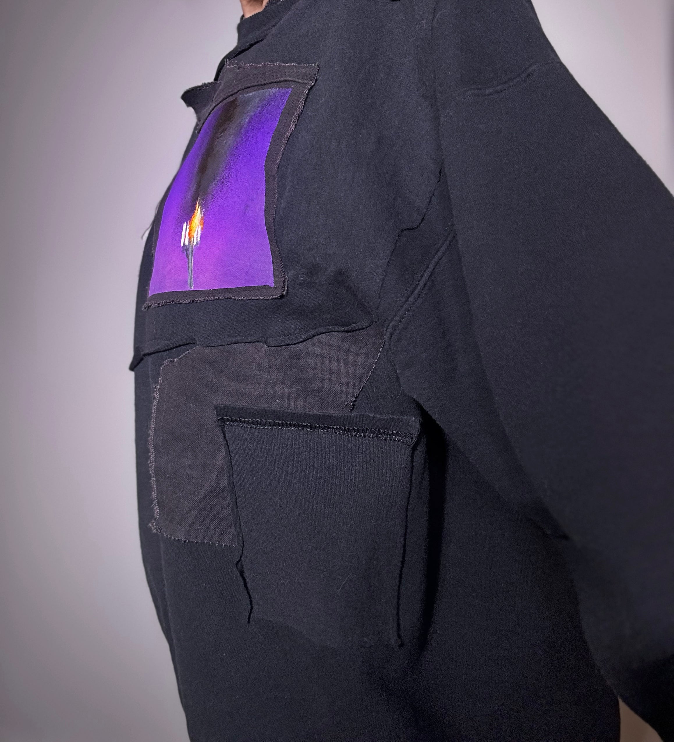 x Upcycled Black Crewneck with Painted Denim Patch