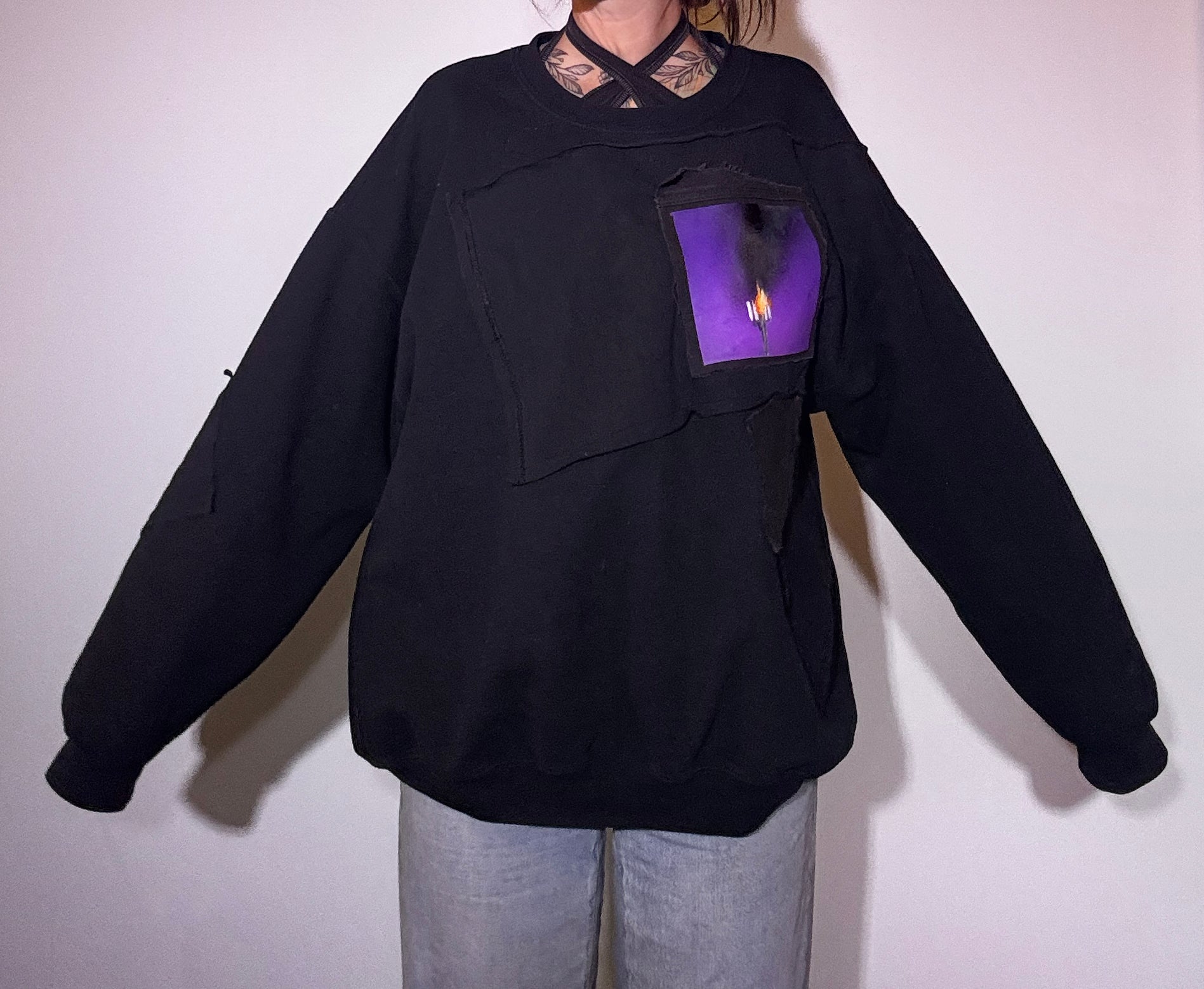 x Upcycled Black Crewneck with Painted Denim Patch