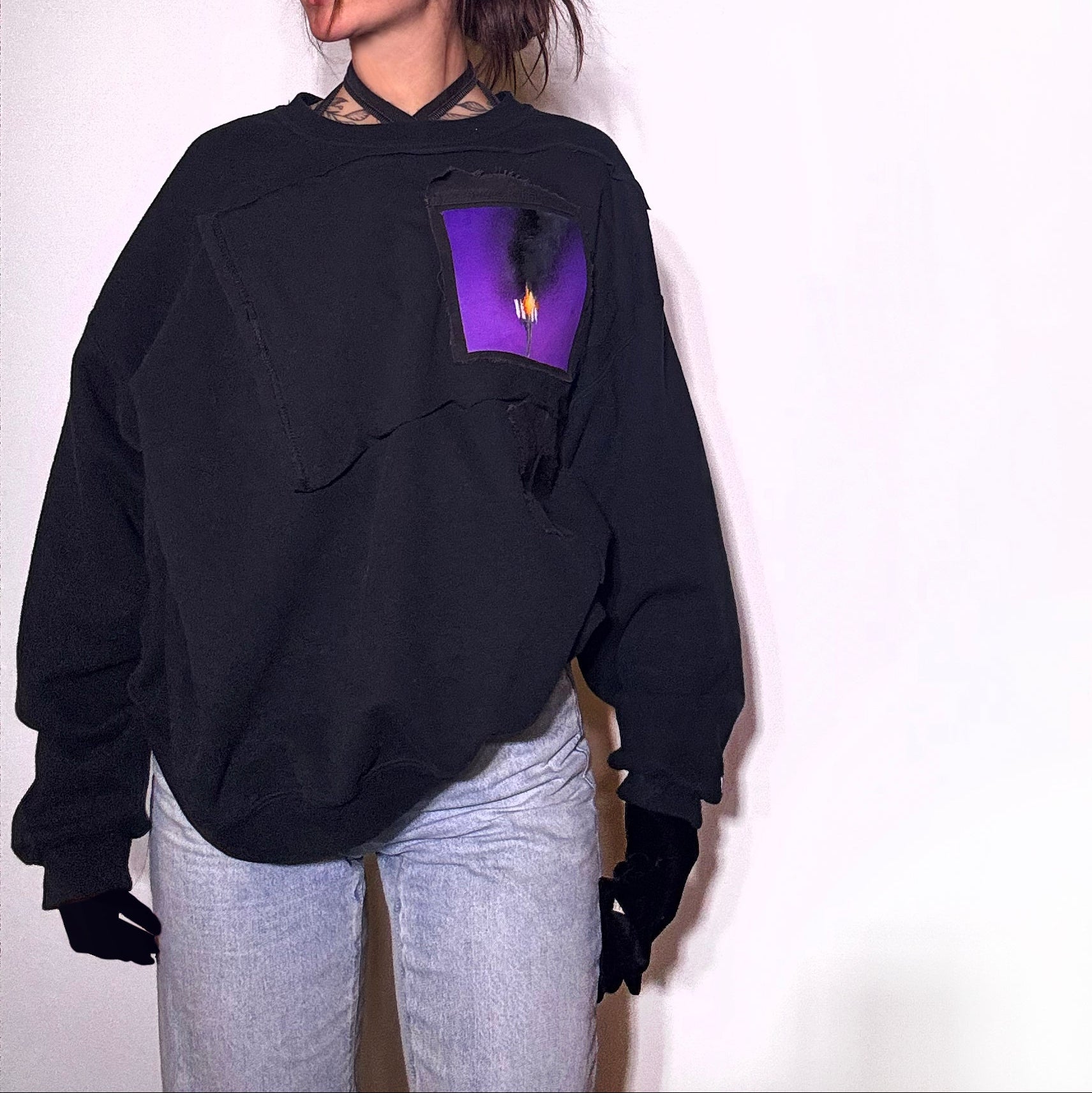 x Upcycled Black Crewneck with Painted Denim Patch