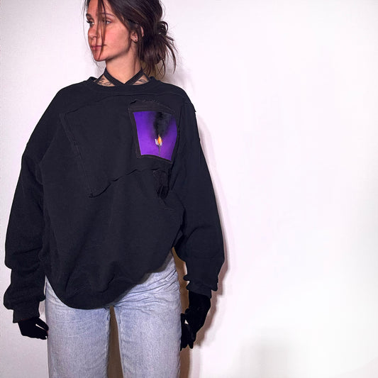 x Upcycled Black Crewneck with Painted Denim Patch