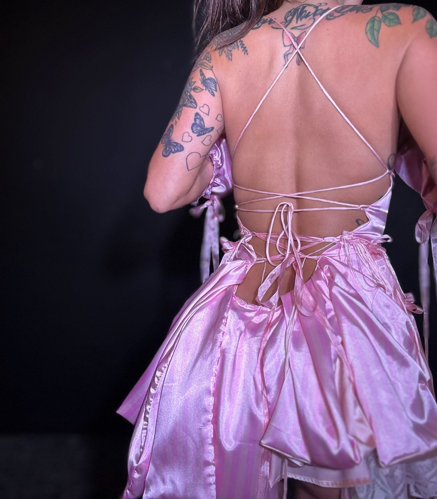 x Corset-Back Mini Dress with Vintage Lace Pink